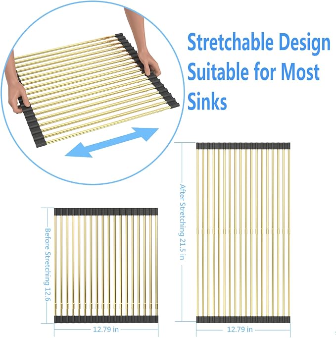 Large Expandable Roll Up Dish Drying Rack, Heat-Resistant Dish Drainer for Stainless Steel Sinks, Over The Sink Non-Slip Silicone Rollable Dish Drainer Roll Rack 18 Tube Gray Silicone & Gold Tube - Image 7