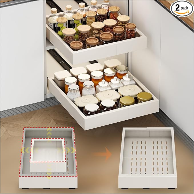 Fokyfok 2Pc Pull out Cabinet Organizer,11"-16"W,17"-24"D,Expandable | No Drill,Adjustable,Roll out Drawers,Adhesive Sliding Drawers,Slide out Shelves for Cabinets Without Lip,Kitchen,Pantry,White by Fokyfok