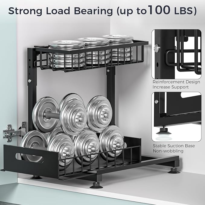 2-Pack L-Shaped Under Sink Organizer, 2-Tier Pull-out Cabinet Rack | Black Height-Adjustable Steel Rack, Sliding Grid Drawers with PP Liners, Holds 100 Lbs, Suction Base, Ideal Kitchen Storage - Image 5