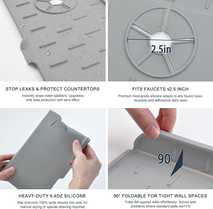 Kitchen Sink Splash Guard - Silicone Faucet Mat for Kitchen Sink Light Gray | Water catcher mat, Sink drain pad behind faucet, Sink rubber mat around faucet guard & draining mat, bathroom sink protector - Image 5
