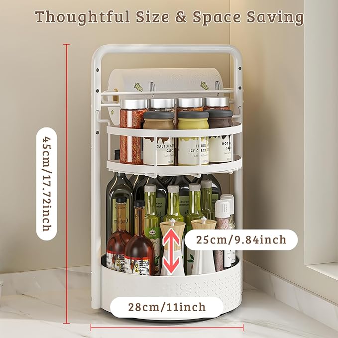 Rotating Spice Rack with Paper Towel Holder, White | 2 Tier Turntable Lazy Susan, Durable Iron, Seasoning Organizer, For Kitchen Countertop - Image 5