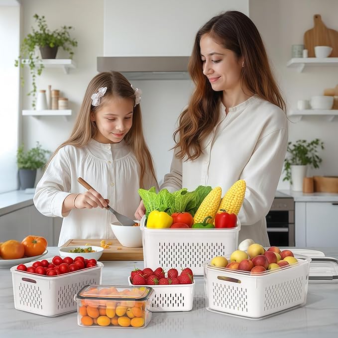 4 PCS Fruit Storage Containers for Fridge, Produce Containers for Fridge with Removable Colander, All-In-One Fruit Washing Bowl with Strainer Microwave/Dishwasher Safe for Salad Berry Lettuce Keeper - Image 5