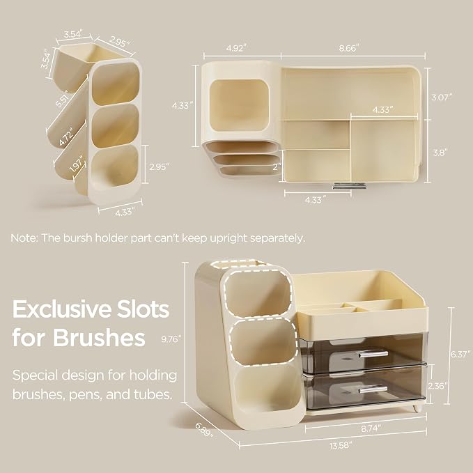 HBlife Makeup Organizer with Brush Holder for Vanity, Large Plastic Bathroom Countertop Organizer Skin Care Storage, Easy to Store Lipsticks, Nail Polishes, Perfumes, Eyeshadow Palettes, Beige - Image 3