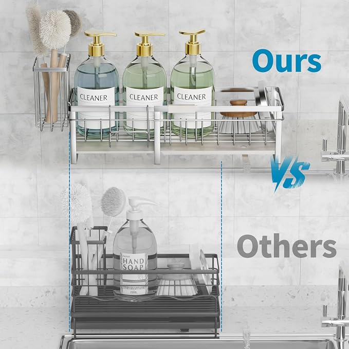 Extra Large Extendable Sponge Holder for Kitchen Sink Caddy Organizer | Rustproof Sink Caddy Organizer with High Brush Holder, Dish Soap Dispenser Organizers and Storage (Black) - Image 3