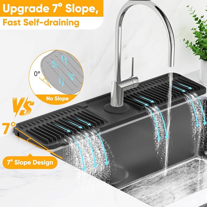 24'' Longer Faucet Mat for Kitchen Sink Splash Guard[7° Slope Fast Self-draining][Snap Lock Fit]Kitchen Sink Faucet Mat Splash Guard Kitchen Sink Area Water Splash Guard Behind Faucet Draining Mat - Image 3