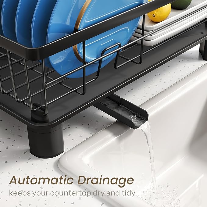SNTD Dish Drying Rack for Small Kitchen Counter, 11" W x 15" L, Black | Space Saving, Rotating Spout & Angled Drainboard for Quick Drainage, Stainless Steel, Removable Utensil Holder - Image 4