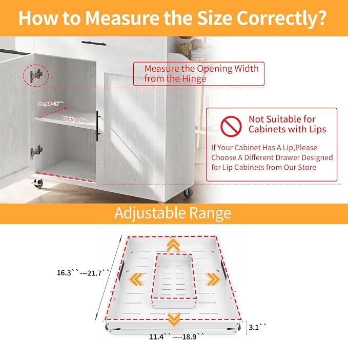 Expandable Pull out Cabinet Organizer, Width (12"-19") Depth (17"-23") Pull Out Drawers for Cabinets, Upgrade 3 Slide Rails Slide Out Drawers, No Drill Adjustable Roll Out Shelves, 1 Pack, White - Image 2