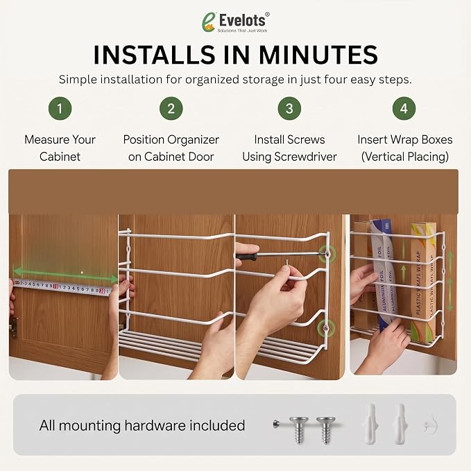 Evelots Kitchen Wrap & Food Bag Organizer Wall/Cabinet Mount, 1-Pack, White | Keep kitchen wraps and food bags organized with 1 basket that mounts on a wall or cabinet door to save valuable counter space - Image 4