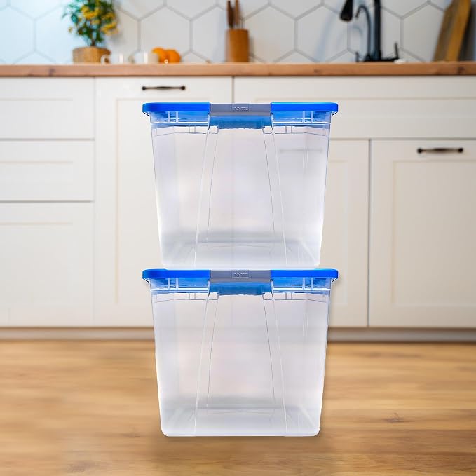 HOMZ Clear Plastic Storage Bin with Secure Latching Blue Lid, 64 Qt, 2 Pack | Heavy-Duty Stackable Containers, Large Organizer Box for Homes, Offices, and Garages - Image 8