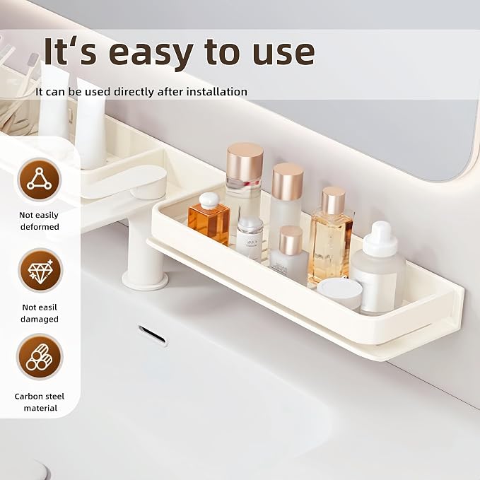 15.7 Inch Over the Sink Bathroom Shelf Organizer, No-Drill Countertop Caddy for Toiletries & Skincare, Rust-Proof Carbon Steel & Aluminum, Fits Most Faucets,（Off-White） - Image 3