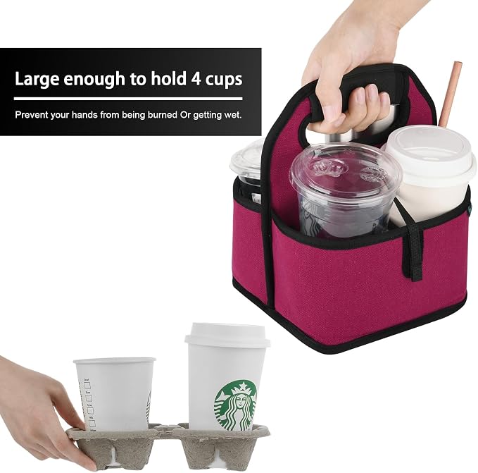 Beautyflier Reusable Insulated Coffee Cup Carrier, Portable Drink Holder with Handle Organizer Tote Bag for Hot & Cold Drinks (Wine Red) - Image 6