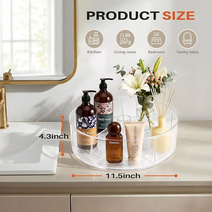 Divided Lazy Susan Turntable Organizer, 11.5" Clear Round Lazy Susan | Rotating Turntable Organizer, Plastic Lazy Susan Turntable, Rotating Storage Container Tray for Pantry, Fridge and Kitchen - Image 6