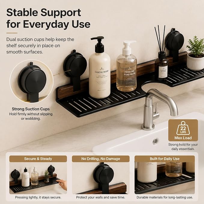 Bathroom Over Sink Shelf, 19.7 Inch No Drill Sink Organizer | Bathroom Counter Storage Rack for Toothbrush, Soap, Skincare and Accessories, Black - Image 4