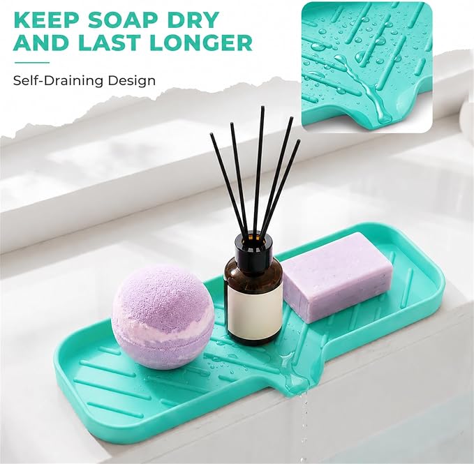 MicoYang Silicone Soap Dish with Drain Spout — Self-Draining Double Sink Organizer Tray for Kitchen & Bathroom, Dispensers, Sponges & Soap Holder, Non-Slip & Dishwasher Safe, Mint (Large, 12"×4") - Image 7