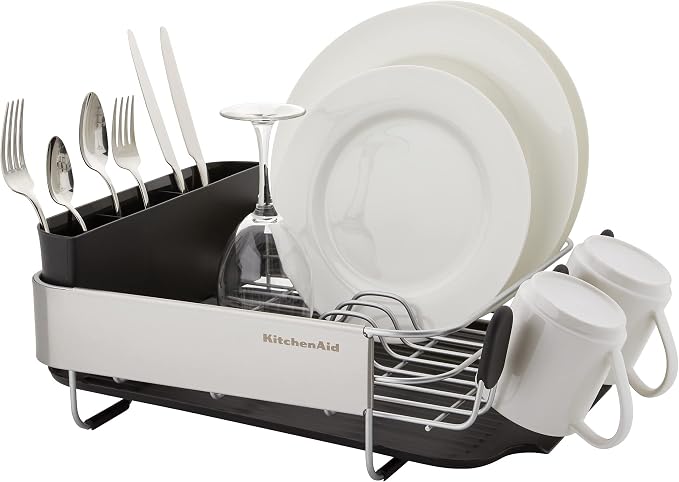 KitchenAid Compact, Space Saving Rust Resistant Dish Rack with Removable Flatware Caddy and Angled Self Draining Drainboard, 16.06-Inch, Black - Image 4