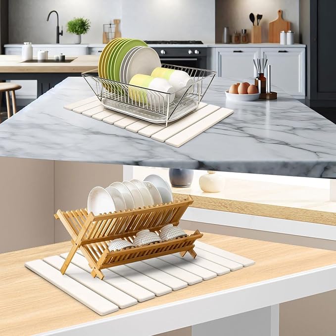 Large Stone Dish Drying Mats for Kitchen Counter, Quick Drying Collapsible Dish Drying Mat, Eco-Friendly Absorbent Diatomaceous Earth Mats for Dishes Cups, Match Any Countertop (White 24"×16" & 8"x4") - Image 6