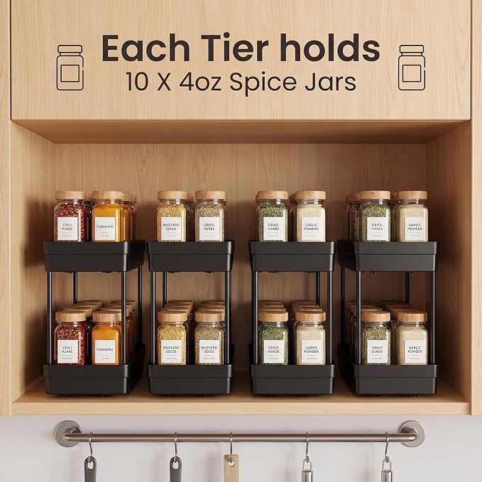 Pull Out Spice Rack, 3 Pack 2-Tier Cabinet Organizer, Black | Kitchen Pantry Slide Out Seasoning, Fits Cabinets 12"H x 11"D x 5"W - Image 3