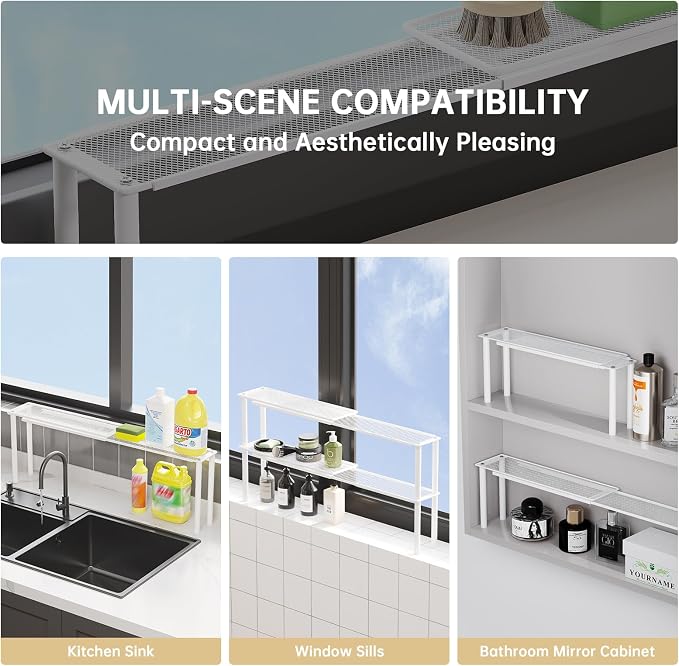 Expandable Kitchen Sink Organizer Window Shelf for Plants Stackable Narrow Shelves Kitchen Countertop Holder Mesh Design (1, White (Depth 3.54")) - Image 5
