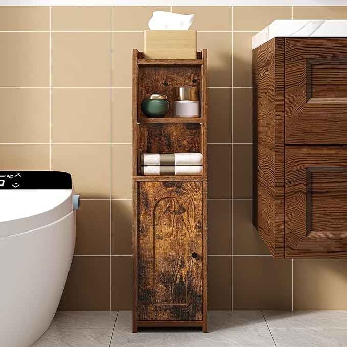Hzuaneri Bathroom Storage Cabinet, Narrow Toilet Paper Cabinets with Doors | Small Corner Floor Cabinet with Doors and Adjustable Shelf, Bathroom Organizer for Small Spaces, Rustic Brown BC19701X by Hzuaneri