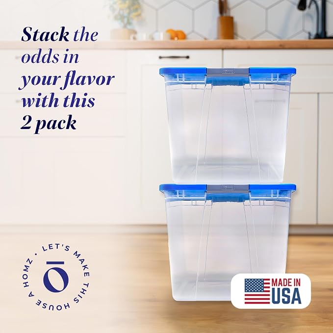 HOMZ Clear Plastic Storage Bin with Secure Latching Blue Lid, 64 Qt, 2 Pack | Heavy-Duty Stackable Containers, Large Organizer Box for Homes, Offices, and Garages - Image 2