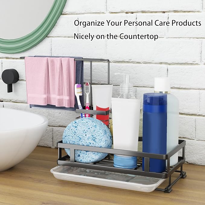 Kitchen Sink Organizer with Brush Rack - Sink Caddy with Drain-Pan | Stainless Steel Sponge Holder for Kitchen Sink with Towel Rack, Organizer for Dish Soap Dispenser, 10.5"L × 5.9"W × 10.5"H - Image 6
