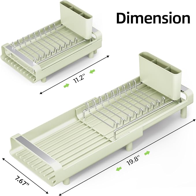 TOOLF Small Dish Drying Rack, Expandable and Space-Saving, Grayish Green | Mini Dish racks for kitchen counter, Compact Design Fits Sink or Counter, Stainless Steel Plate Rack, 11"-19.3"L×7.7"W×3.54"H - Image 9