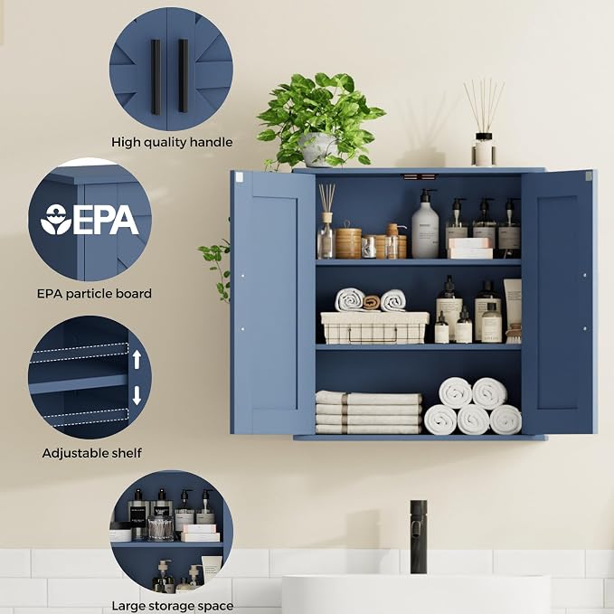 Homleke Bathroom Wall Cabinet, Medicine Cabinet with Adjustable Shelves | 3-Tier Wall Mounted Over Toilet Storage with Barn Doors, for Bathroom, Kitchen, Entryway, Laundry Room, Blue, (7.9" D) - Image 4
