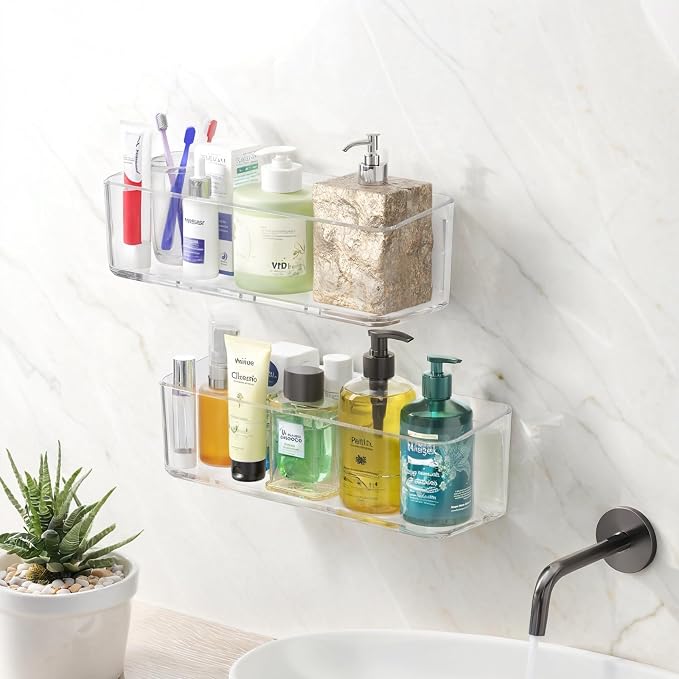 PAVSTINE 2 Pcs Clear Shower Shelf, Large Bathroom Wall Mounted Shower Caddy | No Drill Self Adhesive Bathroom Organizer with Self Adhesive Tape by PAVSTINE