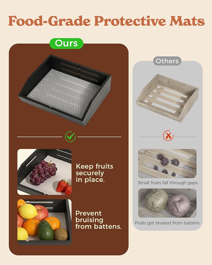 3-Tier Bamboo Fruit Basket with 2 Banana Holders Black | Large tiered organizer for bread, snacks, veggies. Sturdy bamboo, includes mats & dividers. Easy to assemble. - Image 8