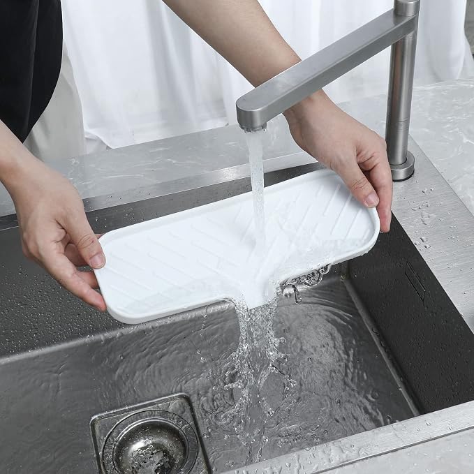 MicoYang Silicone Soap Dish with Drain Spout — Self-Draining Double Sink Organizer Tray for Kitchen & Bathroom, Dispensers, Sponges & Soap Holder, Non-Slip & Dishwasher Safe, White (Large, 12"×4") - Image 7