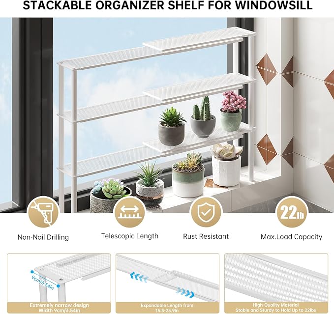 Expandable Kitchen Sink Organizer Window Shelf for Plants Stackable Narrow Shelves Kitchen Countertop Holder Mesh Design (1, White (Depth 3.54")) - Image 3