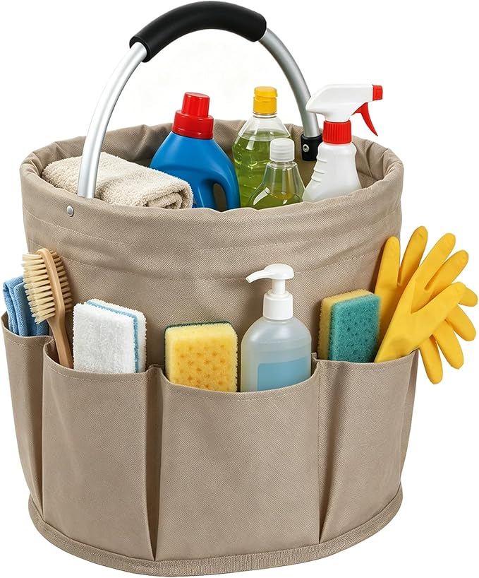 17L Cleaning Supply Caddy with Soft Handle, Portable Shower Caddy in 600D Oxford Fabric, Garden Tool Organizer Bag, Multifunctional Storage Basket for Bathroom, Garden, Khaki by IHOMAGIC