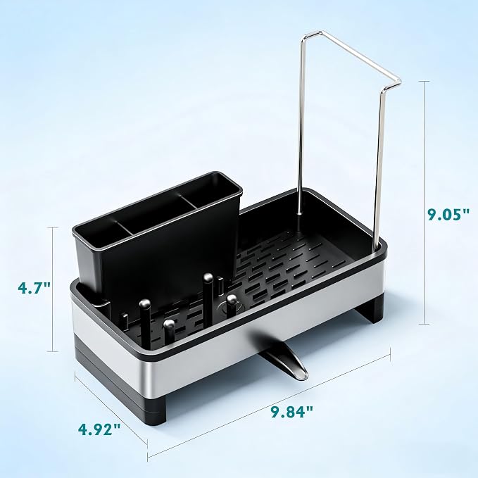 Stainless Steel Sink Caddy Sponge Holder for Kitchen Sink 9.8″ | with Auto-Drain, with Removable Brush Holder & Towel Rack, Rustproof Sink Organizer for Countertop, Kitchen Accessories - Image 7