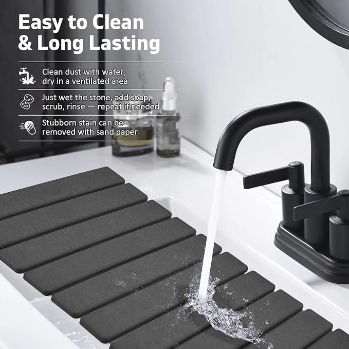 Large Stone Dish Drying Mat for Kitchen Counter, Quick Dry Dish Drying Mats, Foldable Absorbent Diatomaceous Earth Mats for Plate Rack Bottles Cups, Match Any Countertop (Dark Gray 24"×16" & 8"x4") - Image 6