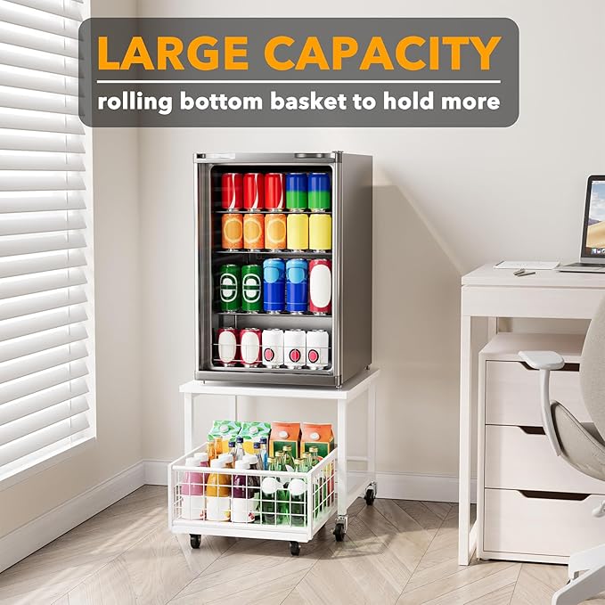SpaceAid Mini Fridge Stand with Storage, 19.7" W x 19.7" D Heavy Duty Mobile Refrigerator Shelf Stand Table with Wheels, Fridge Cart Organizer with Drawer Basket for Home Dorm Office (White) - Image 5