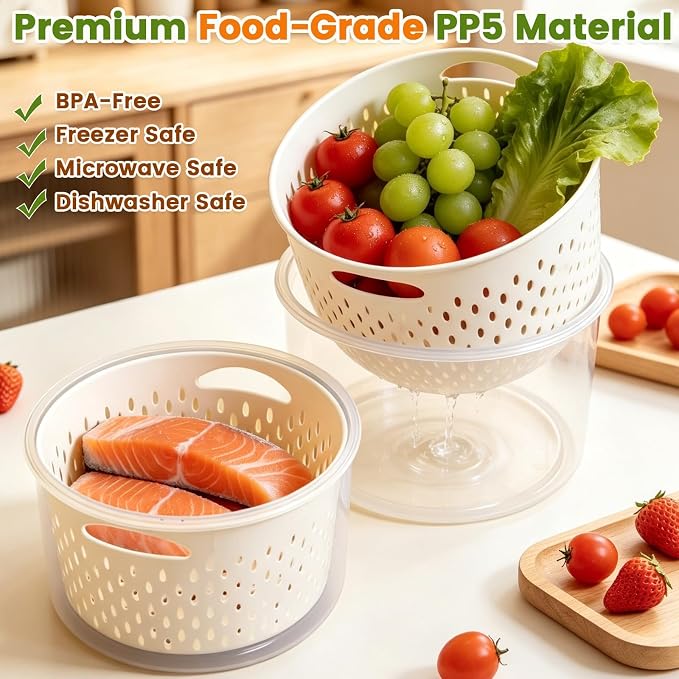 TBMax 8 Pieces Airtight Fruit Storage Containers for Fridge with Air Circulation Vent, 4 Pack Round Produce Saver with Colander for Berry Lettuce Salad Vegetable Storage, Refrigerator Organizers - Image 4
