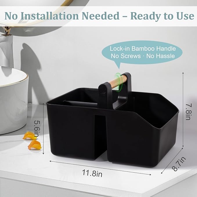 rejomiik Plastic Shower Caddy, Portable Basket with Bamboo Handle, Black | Cleaning Caddy Organizer Tote for Bathroom, College Dorm Essentials, Bath Toy Storage, Cleaning Supplies - Image 3