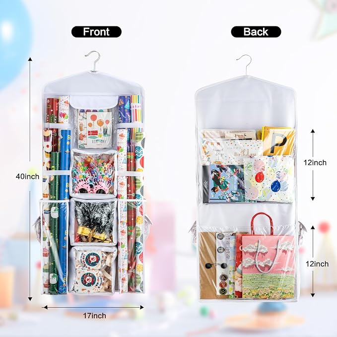 Christmas Wrapping Paper Organizer Storage, Hanging Gift Bag Storage Organizer, Double-Sided Wrapping Paper Holder Storage - White - Image 3