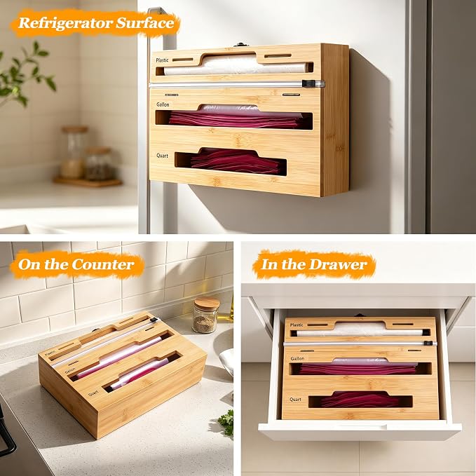 Allinside Magnetic Kitchen Bag Organizer and Plastic Wrap Dispenser with Slide Cutter, 3-in-1 Bamboo Kitchen Foil Storage Holder Compatible with Gallon, Quart, Sandwich Snack Bags - Image 4