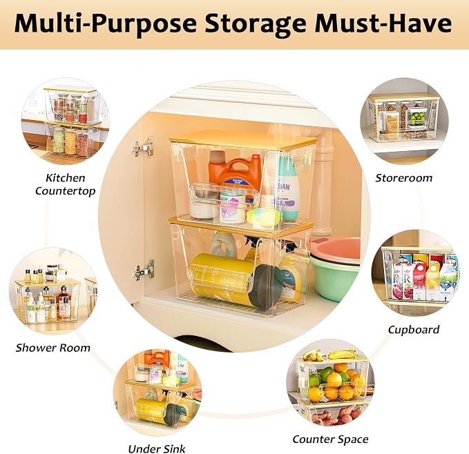 Delamu 4 Pack Pantry Organizers and Storage,Trash Bag Dispenser with Bamboo Top,Stackable Trash Bag Dispenser Under Sink Organizer for 4-30 GalBags,Onion,Potato,Fruits,Clear - Image 6