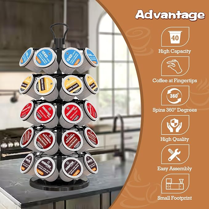 K Cup Holder 40 Pods Capacity, Coffee Pods Holder Storage Organizer Stand | K Cup Carousel, 360°Rotating K Cup Organizer, Easy-Grip Top Handle,Space-Saving for Countertop, K Cups Holder Easy Assembly - Image 2