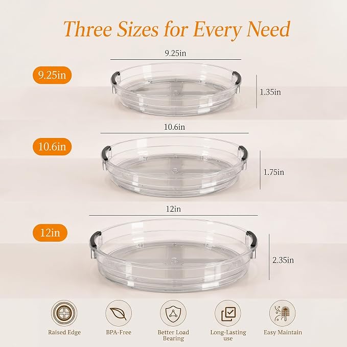3 Pack Lazy Susan Organizer, Rotating Turntable Spice Rack for Kitchen Storage, Pantry, Cabinet, Fridge & Countertop, Condiment & Seasoning Holder, 9.25", 10.6", 12", Clear - Image 2