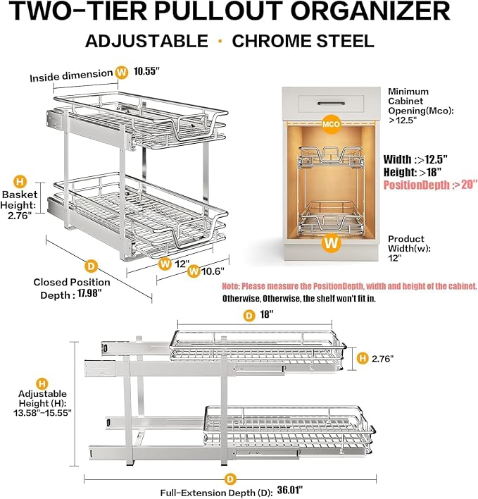 2-Tier Kitchen Cabinet,Pull Out Cabinet Organizer,Shelf and Drawer Organizer Slide Out Pantry Storaqe Basket in Multiple Sizes (12" W x21 D) - Image 2