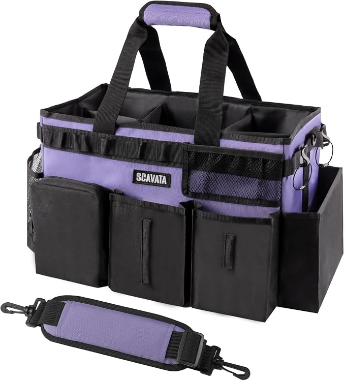 SCAVATA Wearable Cleaning Caddy Bag, Cleaning Caddy Supplies Organizer with Handle & Shoulder Straps for Housekeepers, Under Sink & Car Cleaning Tool Organizers with 4 Foldable Divider (Purple) by Tidyyourlife
