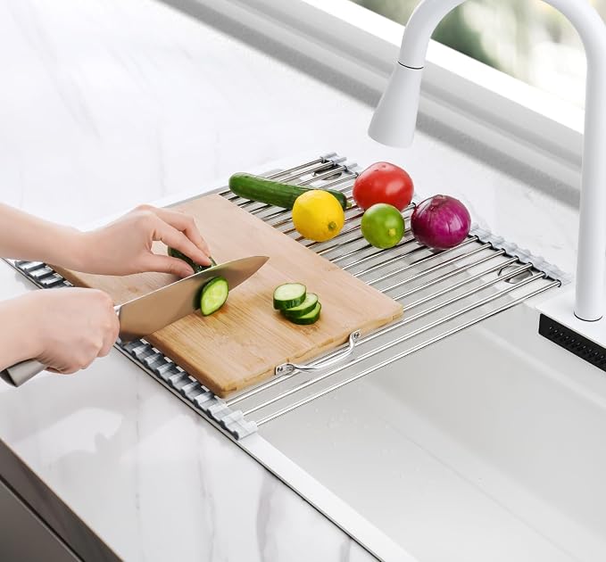 Tomorotec Roll Up Dish Drying Rack Over Sink, 304 Steel, 21x15.5, Marble | Anti-Slip Silicone Rims For Grip, Heat-Resistant Trivet Mat Holding Heavy Cookware, Rustproof Kitchen Counter Space Saver - Image 8