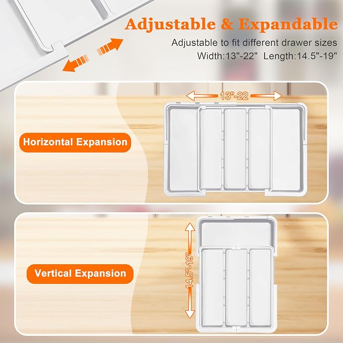 Large Utensil Drawer Organizer Expandable Silverware Organizer for Kitchen Drawer Adjustable Cooking Utensil Holder Cutlery Flatware Tray Spatula Tools Gadgets Storage Dividers Plastic White - Image 5