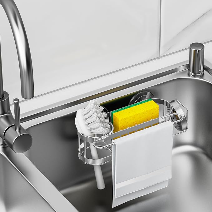 Cisily Kitchen Sink Caddy Sponge Holder in The Sink, Stainless Steel Kitchen Sink Organizer, Brush Holder, Dish Cloth Hanger, Sink Stopper Holder (Suction cup-Silver) - Image 4