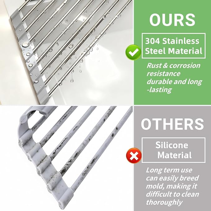OYEWALLS Corner Sink Roll Up Triangular Dish Drying Rack, Small Multipurpose Stainless Steel Corner Shelf Over the Sink, Kitchen Drainer & Organizer for Space-Saving Storage - Image 3