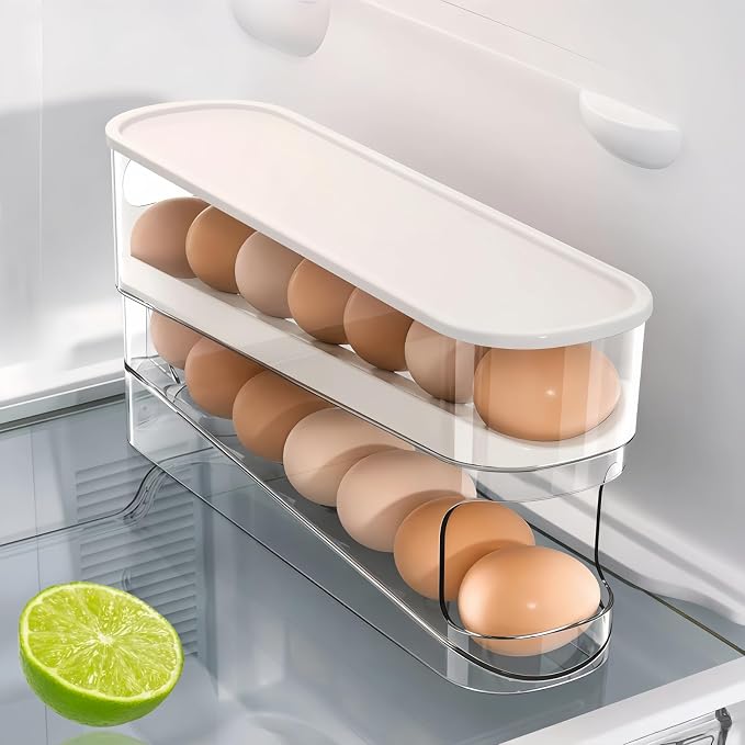 Egg Holder for Fridge, Space-Saving Automatic Rolling Egg organizer for refrigerator, 2-Layer Stackable Egg dispenser for refrigerator, Egg storage with Lid for Kitchen, Countertop, Dining Room by Unknown