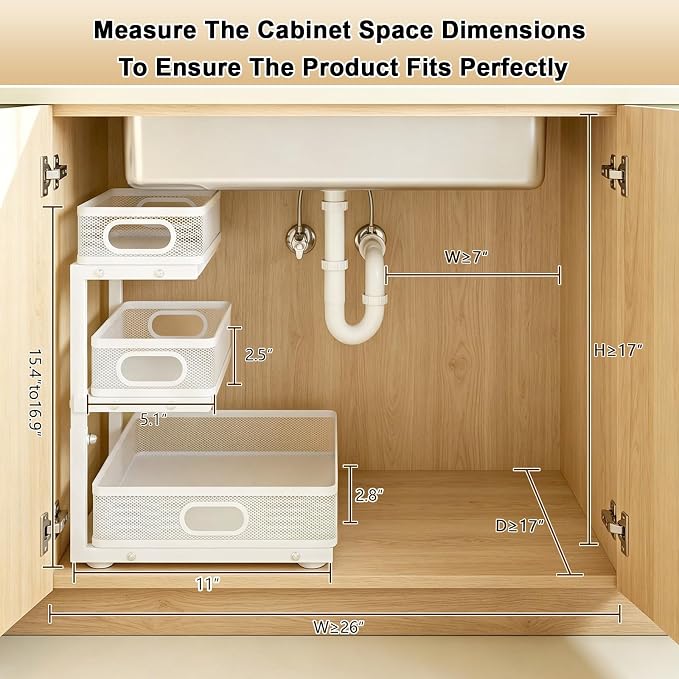 Under Sink Organizer, 2-Pack 3-tier Under Sink Storage Organizer Adjustable Height Easy Assembly Pull Out Cabinet Organizers Basket for Bathroom Kitchen Pantry Home Organization - Image 7
